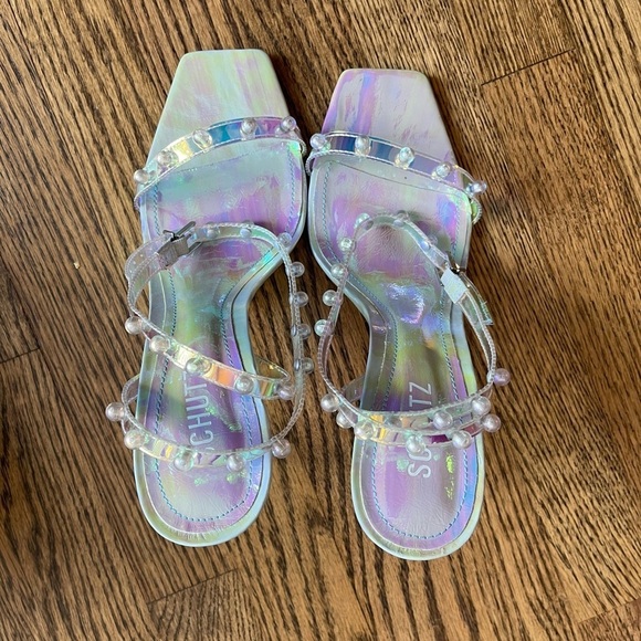 Schutz Pietra Faux Pearl-Embellished Iridescent Vinyl Sandals Size 11 - Picture 10 of 13